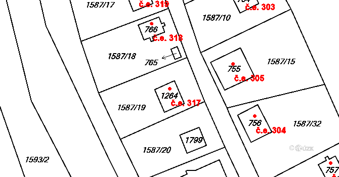 Stříbrná Skalice 317 na parcele st. 1264 v KÚ Stříbrná Skalice, Katastrální mapa
