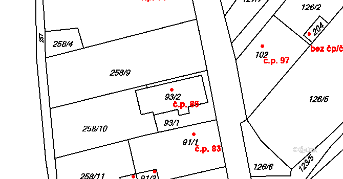 Branov 86 na parcele st. 93/2 v KÚ Branov, Katastrální mapa