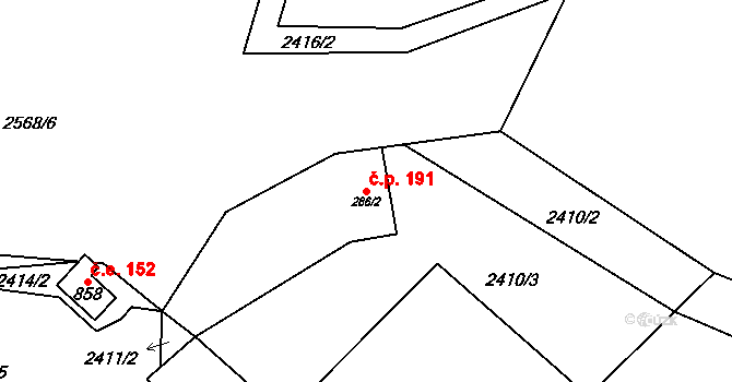 Dolní Bečva 191 na parcele st. 286/2 v KÚ Dolní Bečva, Katastrální mapa