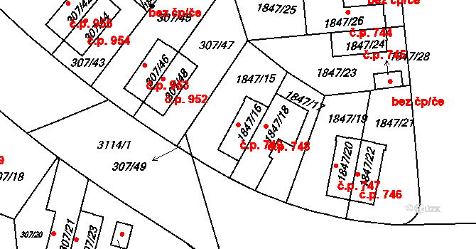 Podolí 749, Praha na parcele st. 1847/16 v KÚ Podolí, Katastrální mapa