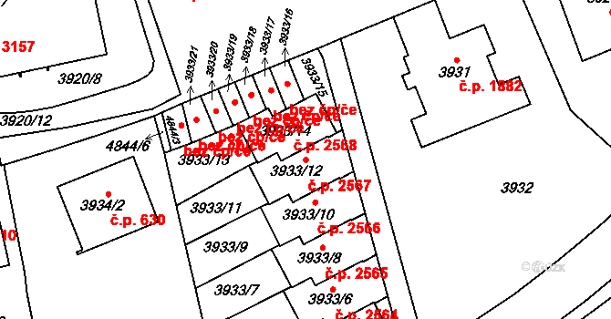 Smíchov 2567, Praha na parcele st. 3933/12 v KÚ Smíchov, Katastrální mapa