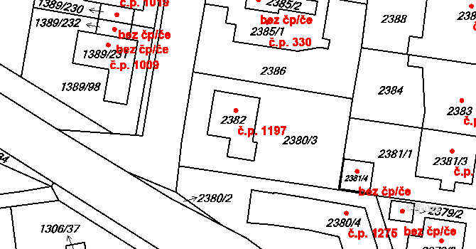 Kyje 1197, Praha na parcele st. 2382 v KÚ Kyje, Katastrální mapa