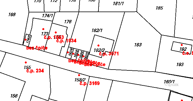 Záběhlice 3071, Praha na parcele st. 182/2 v KÚ Záběhlice, Katastrální mapa