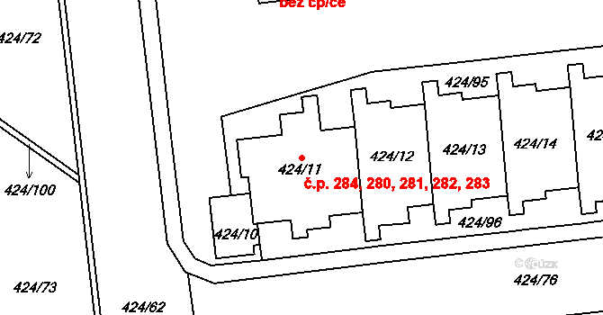 Petrovice 280,281,282,283,284, Praha na parcele st. 424/11 v KÚ Petrovice, Katastrální mapa