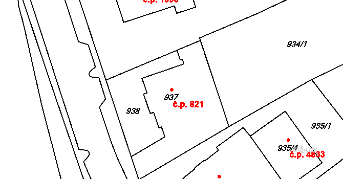Chomutov 821 na parcele st. 937 v KÚ Chomutov I, Katastrální mapa