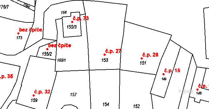 Braníškov 27 na parcele st. 153 v KÚ Braníškov, Katastrální mapa