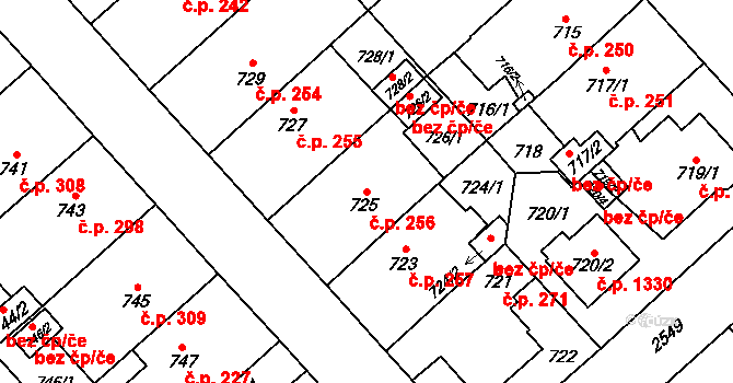 Doubravka 256, Plzeň na parcele st. 725 v KÚ Doubravka, Katastrální mapa