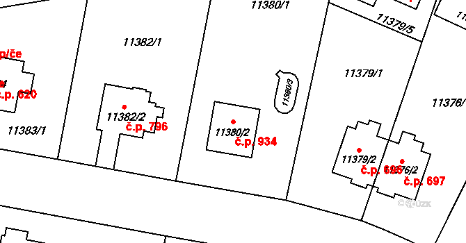 Severní Předměstí 934, Plzeň na parcele st. 11380/2 v KÚ Plzeň, Katastrální mapa