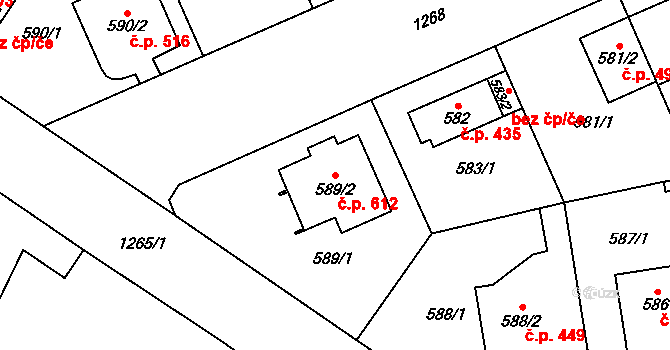 Černice 612, Plzeň na parcele st. 589/2 v KÚ Hradiště u Plzně, Katastrální mapa