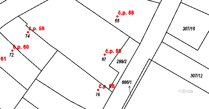 Katusice 55 na parcele st. 67 v KÚ Katusice, Katastrální mapa