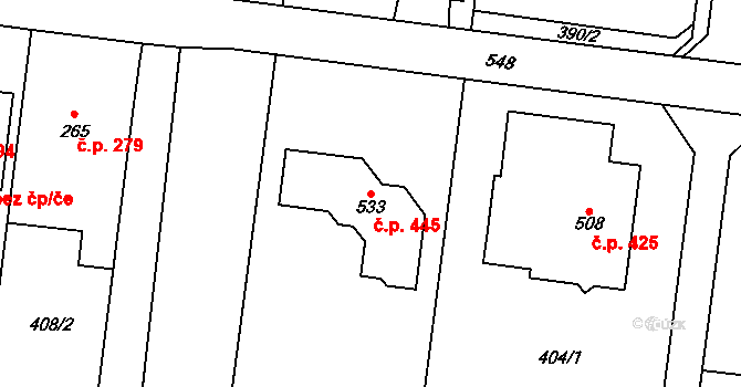 Čechovice 445, Prostějov na parcele st. 533 v KÚ Čechovice u Prostějova, Katastrální mapa