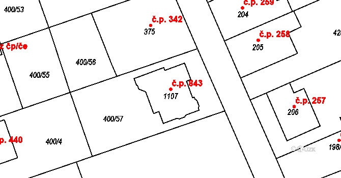 Horoměřice 843 na parcele st. 1107 v KÚ Horoměřice, Katastrální mapa