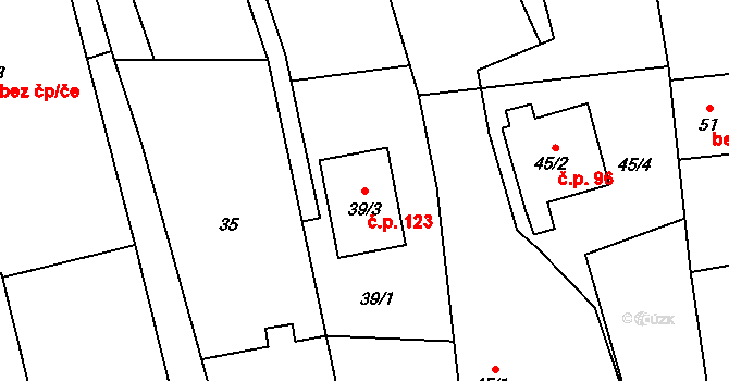 Loděnice 123, Holasovice na parcele st. 39/3 v KÚ Loděnice, Katastrální mapa