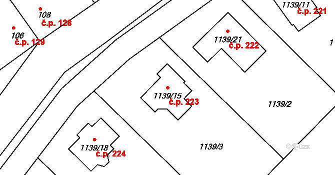 Hlízov 223 na parcele st. 1139/15 v KÚ Hlízov, Katastrální mapa