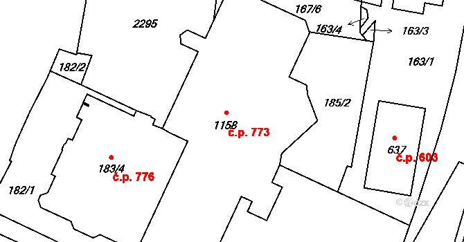 Lišov 773 na parcele st. 1158 v KÚ Lišov, Katastrální mapa