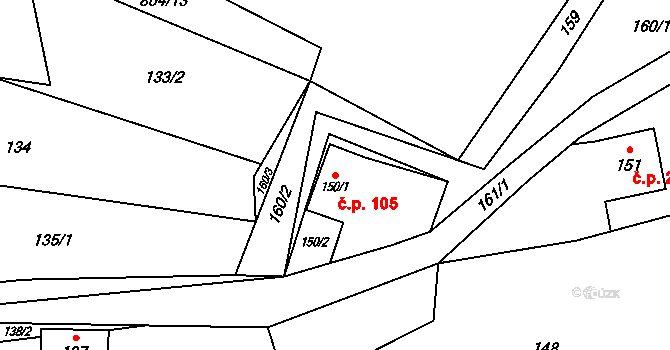 Horní Jasenka 105, Vsetín na parcele st. 150/1 v KÚ Jasenka, Katastrální mapa