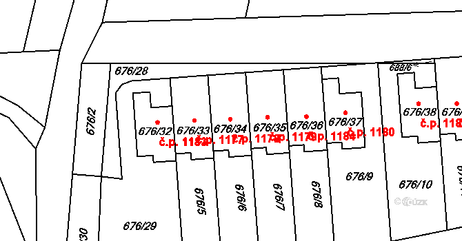 Černice 1178, Plzeň na parcele st. 676/34 v KÚ Bručná, Katastrální mapa