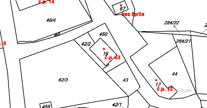 Snopoušovy 53, Dolní Lukavice na parcele st. 16 v KÚ Snopoušovy, Katastrální mapa