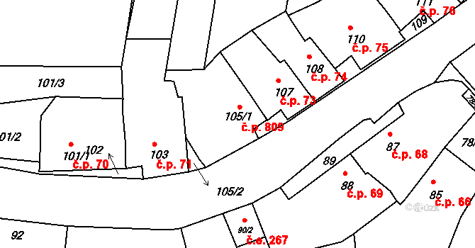 Střelice 809 na parcele st. 105/1 v KÚ Střelice u Brna, Katastrální mapa