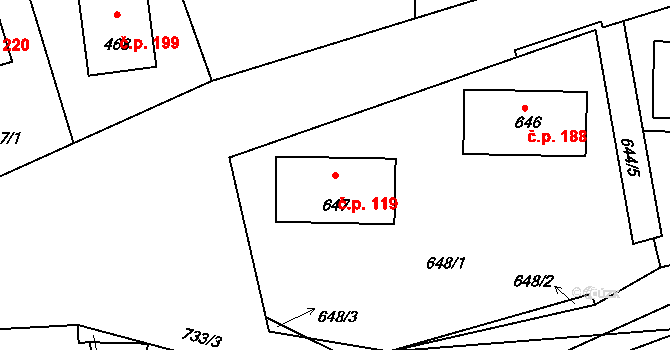 Netvořice 119 na parcele st. 647 v KÚ Netvořice, Katastrální mapa
