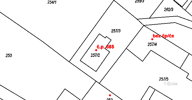 Kozmice 385 na parcele st. 257/2 v KÚ Kozmice, Katastrální mapa