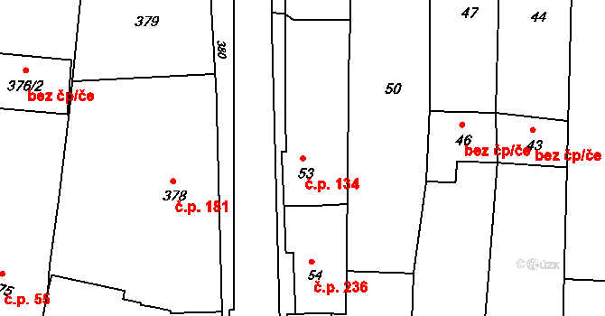 Kobeřice u Brna 134 na parcele st. 53 v KÚ Kobeřice u Brna, Katastrální mapa