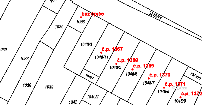 Hluk 1367 na parcele st. 1048/11 v KÚ Hluk, Katastrální mapa