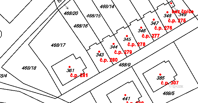 Rosice 280 na parcele st. 343 v KÚ Rosice u Chrasti, Katastrální mapa