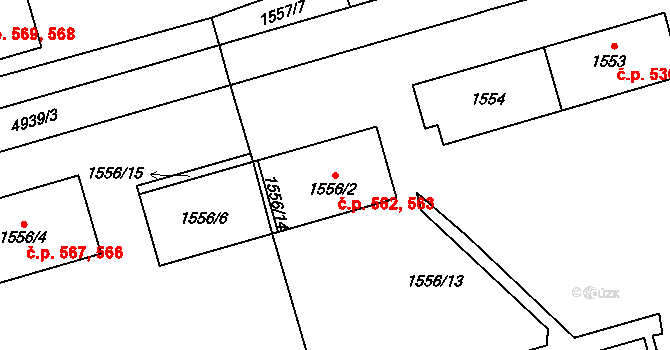 Litomyšlské Předměstí 562,563, Vysoké Mýto na parcele st. 1556/2 v KÚ Vysoké Mýto, Katastrální mapa