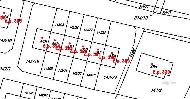 Hýskov 390 na parcele st. 453 v KÚ Hýskov, Katastrální mapa