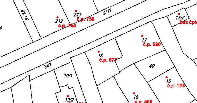 Rudná 577 na parcele st. 18 v KÚ Hořelice, Katastrální mapa