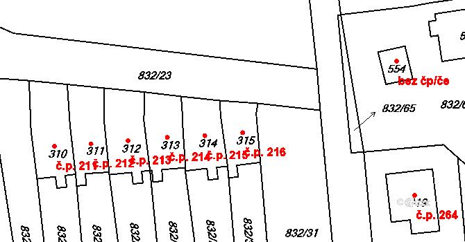 Kyšice 216 na parcele st. 315 v KÚ Kyšice u Plzně, Katastrální mapa