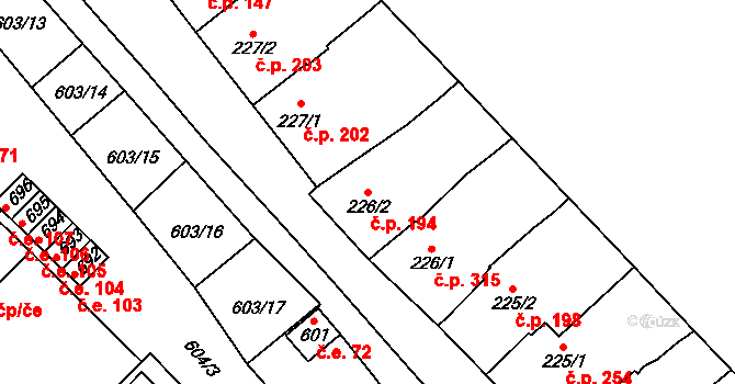 Lysice 194 na parcele st. 226/2 v KÚ Lysice, Katastrální mapa