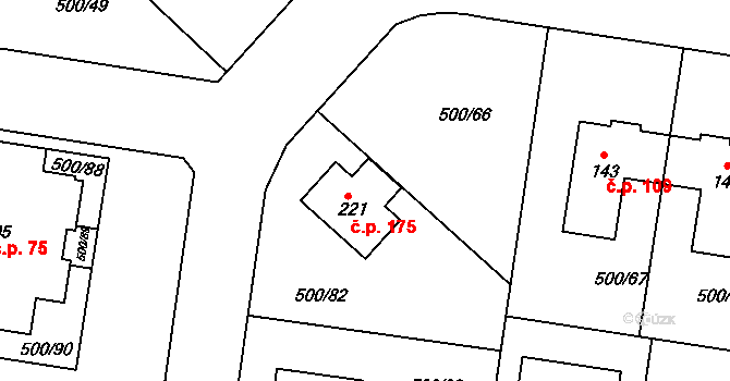 Kozinec 175, Holubice na parcele st. 221 v KÚ Kozinec, Katastrální mapa