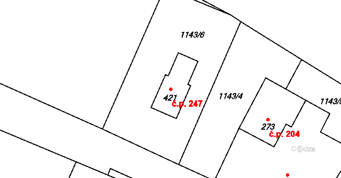 Lužany 247 na parcele st. 421 v KÚ Lužany u Jičína, Katastrální mapa