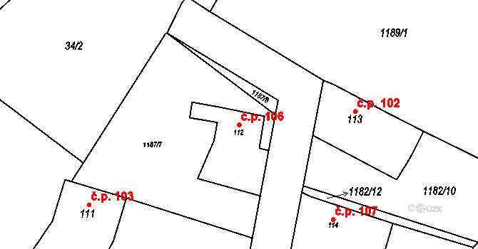 Čeminy 106 na parcele st. 112 v KÚ Čeminy, Katastrální mapa