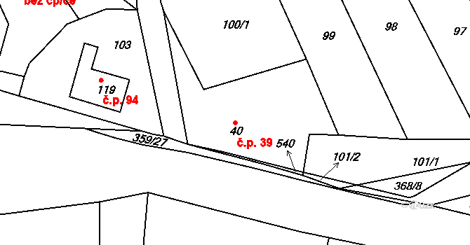 Okrouhlice 39 na parcele st. 40 v KÚ Okrouhlice, Katastrální mapa
