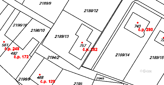 Lužná 282 na parcele st. 757 v KÚ Lužná u Vsetína, Katastrální mapa