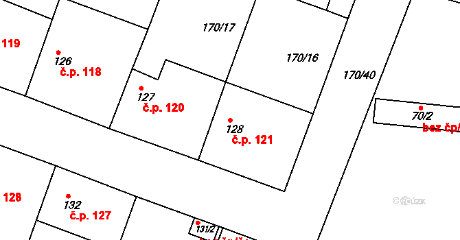 Hořátev 121 na parcele st. 128 v KÚ Hořátev, Katastrální mapa