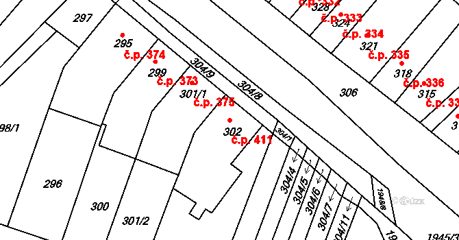 Hrušovany u Brna 411 na parcele st. 302 v KÚ Hrušovany u Brna, Katastrální mapa