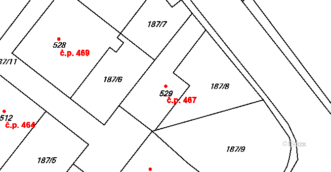 Smiřice 467 na parcele st. 529 v KÚ Smiřice, Katastrální mapa