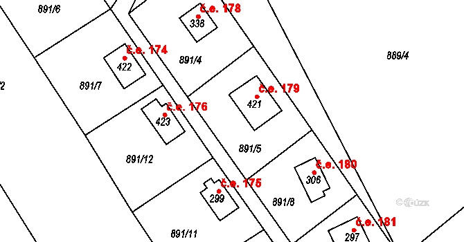 Chvalčov 179 na parcele st. 421 v KÚ Chvalčov, Katastrální mapa