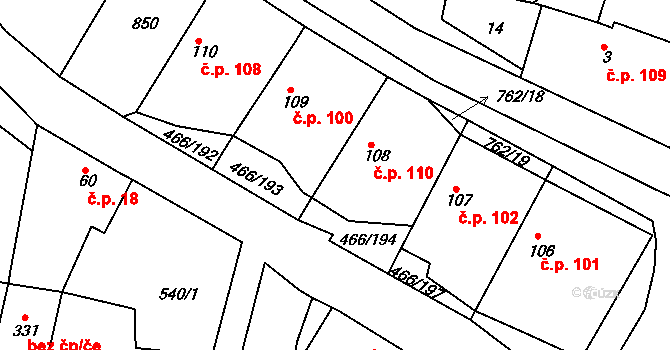 Broumy 110 na parcele st. 108 v KÚ Broumy, Katastrální mapa