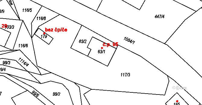 Vrchovina 95, Nová Paka na parcele st. 63/1 v KÚ Vrchovina, Katastrální mapa