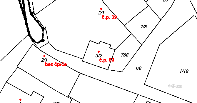 Roseč 83 na parcele st. 3/2 v KÚ Roseč, Katastrální mapa