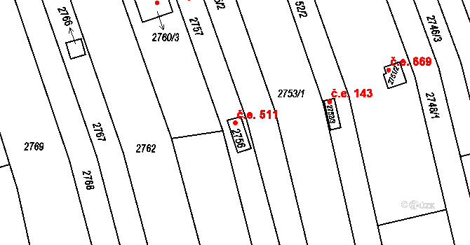 Komín 511, Brno na parcele st. 2756 v KÚ Komín, Katastrální mapa