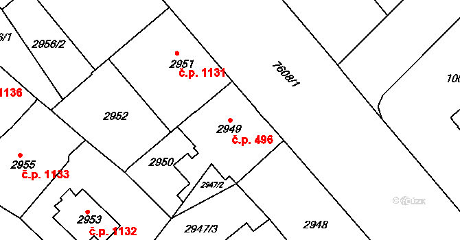 Frýdek 496, Frýdek-Místek na parcele st. 2949 v KÚ Frýdek, Katastrální mapa