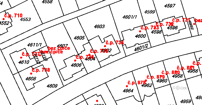 Záběhlice 734, Praha na parcele st. 4602 v KÚ Záběhlice, Katastrální mapa