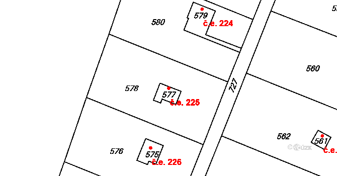 Komořany 225, Praha na parcele st. 577 v KÚ Komořany, Katastrální mapa