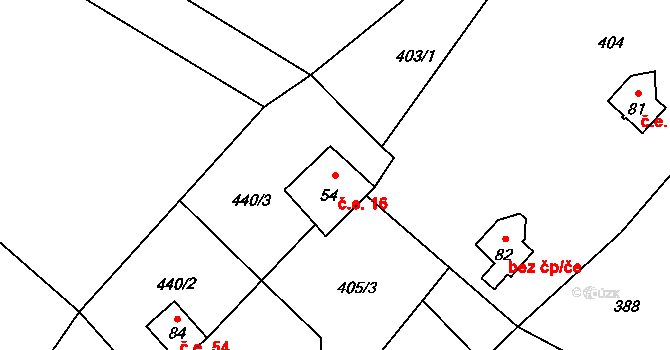 Přední Zborovice 16 na parcele st. 54 v KÚ Přední Zborovice, Katastrální mapa